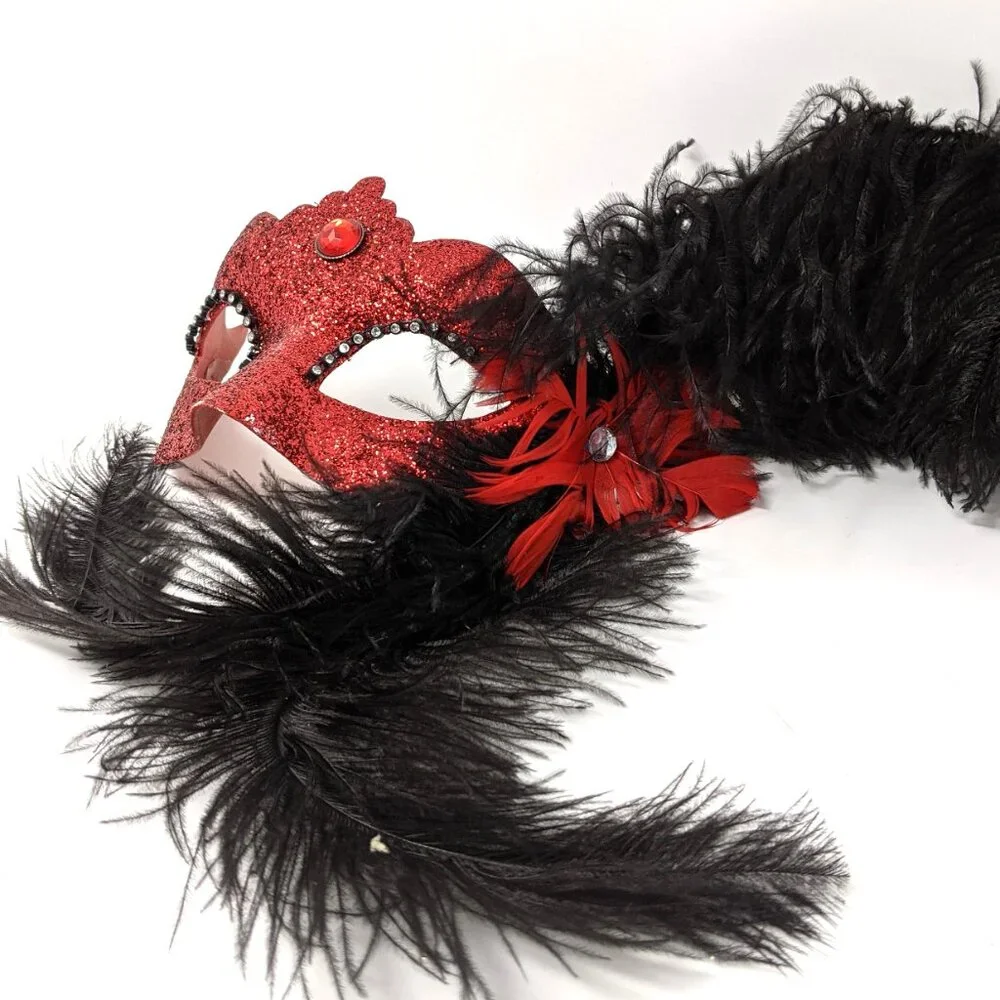 Venezia Italy Venetian Masquerade Mask Red She Devil glitter black feathers - Picture 2 of 7
